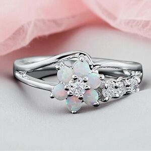 S925 Sterling Silver Opal and CZ Gemstones Flower Ring. New.